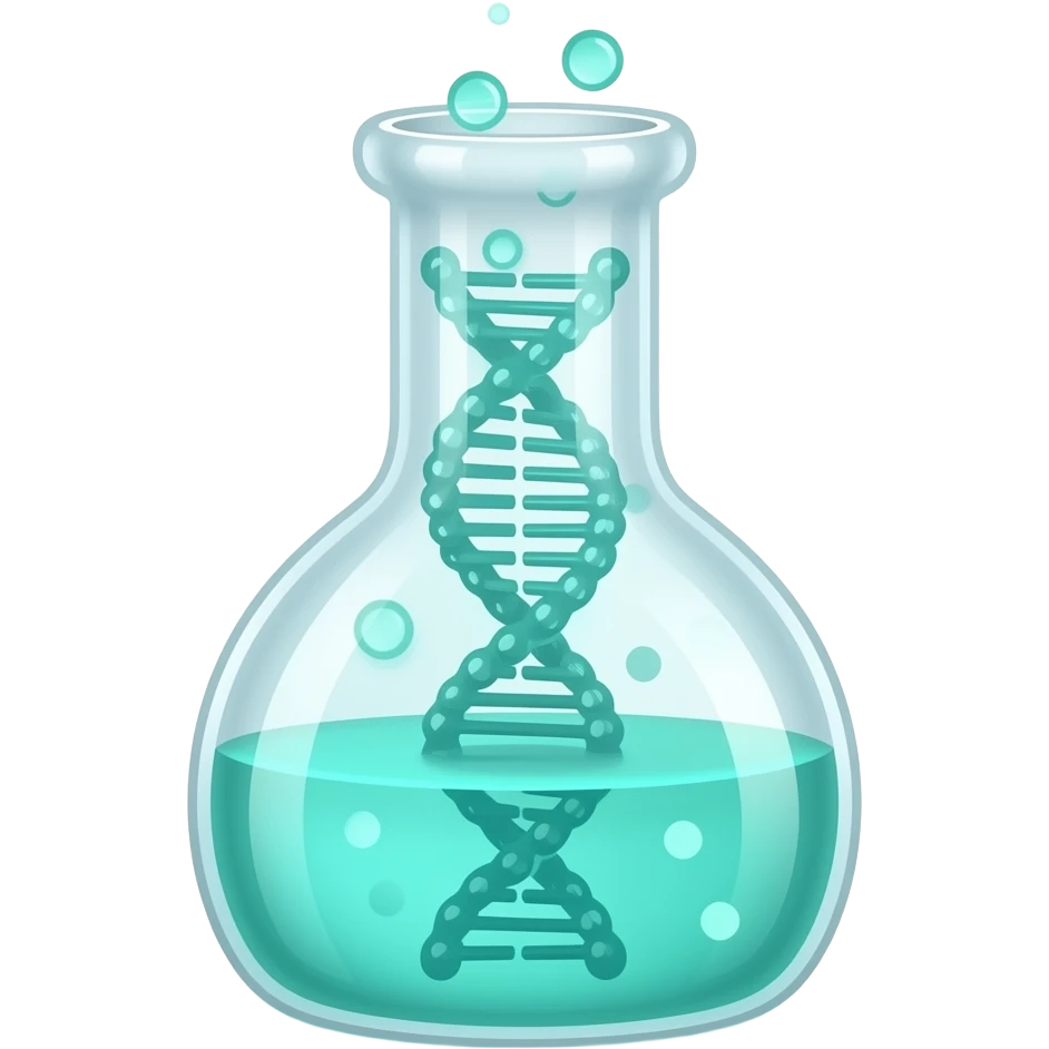Minimalist flat icon of a glowing laboratory flask with a DNA strand inside and digital data bits floating around it, drug discovery concept, modern biotechnology, clean vector art, teal and white colors, white background. emoji