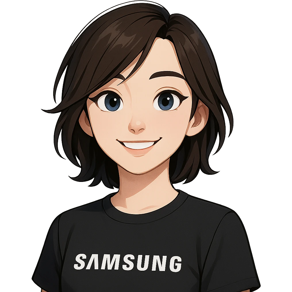 Samsung Sam smiling, friendly expression, suitable for a profile picture, clean background, modern digital illustration style emoji