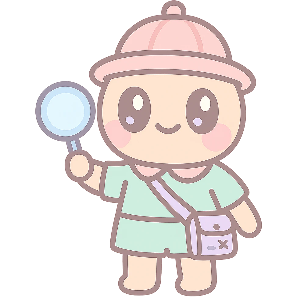 kawaii explorer with big eyes and a tiny hat emoji