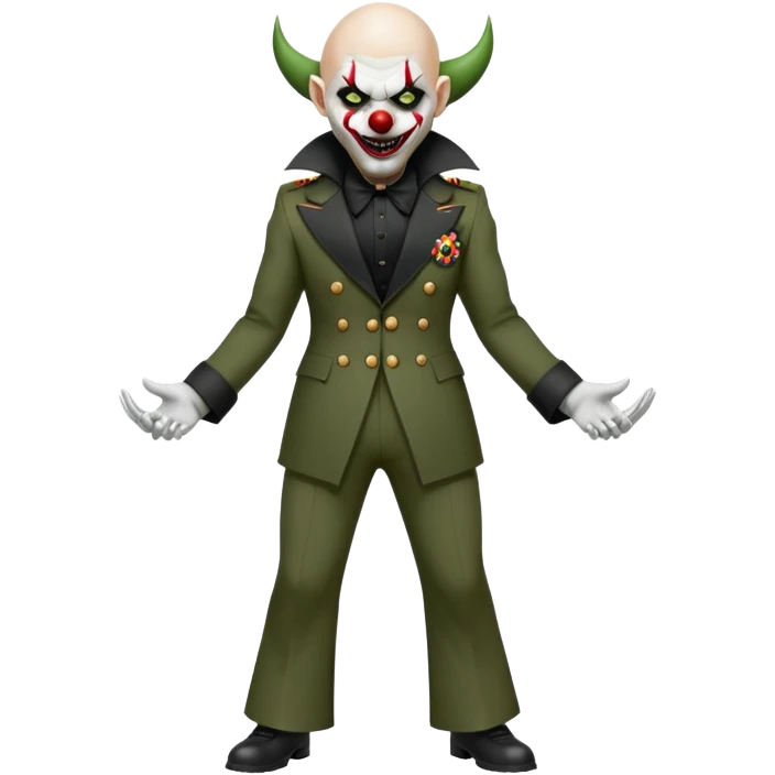 evil clown, bald, short black devil horns on forehead, fangs, pointed ears, black and military green leisure suit with bellbottom pants, realistically proportioned, less bulky, full body, battle-ready, fighting posture emoji