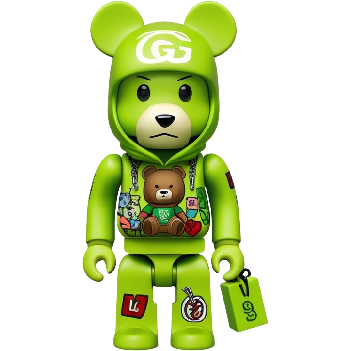 bearbrick with cube head in a lime green balaclava heavily tagged with multiple luxury and street brand logos, random placement like street graffiti, Supreme, Gucci, LV, Nike swooshes all mixed in wild street art style emoji