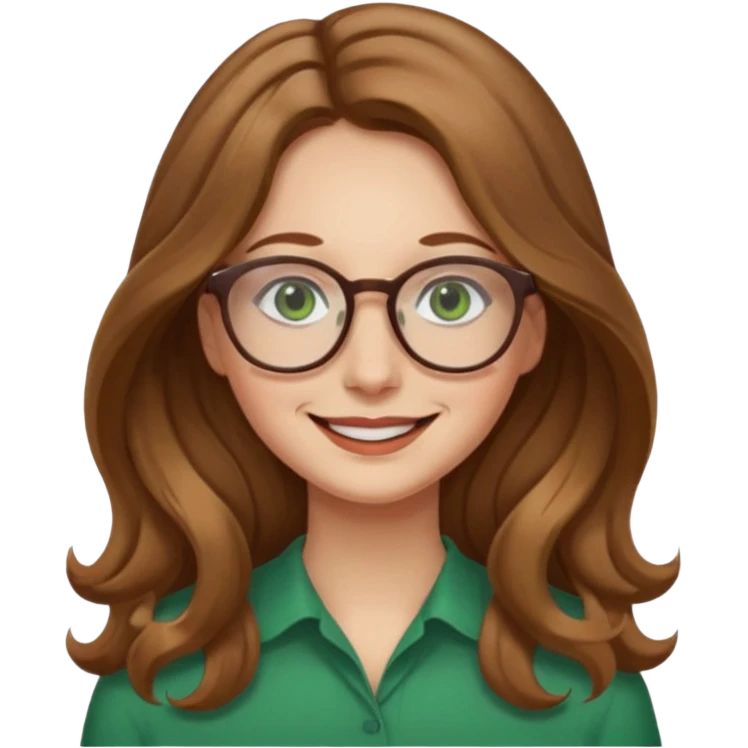 long wavy light brown hair woman with green eyes and glasses smiling closed mouth. middle part hair.  emoji