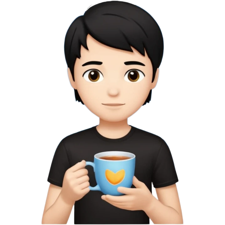 The boy teen have a black hair, and black T-shirt with a cup of tea. Sky blue background  emoji