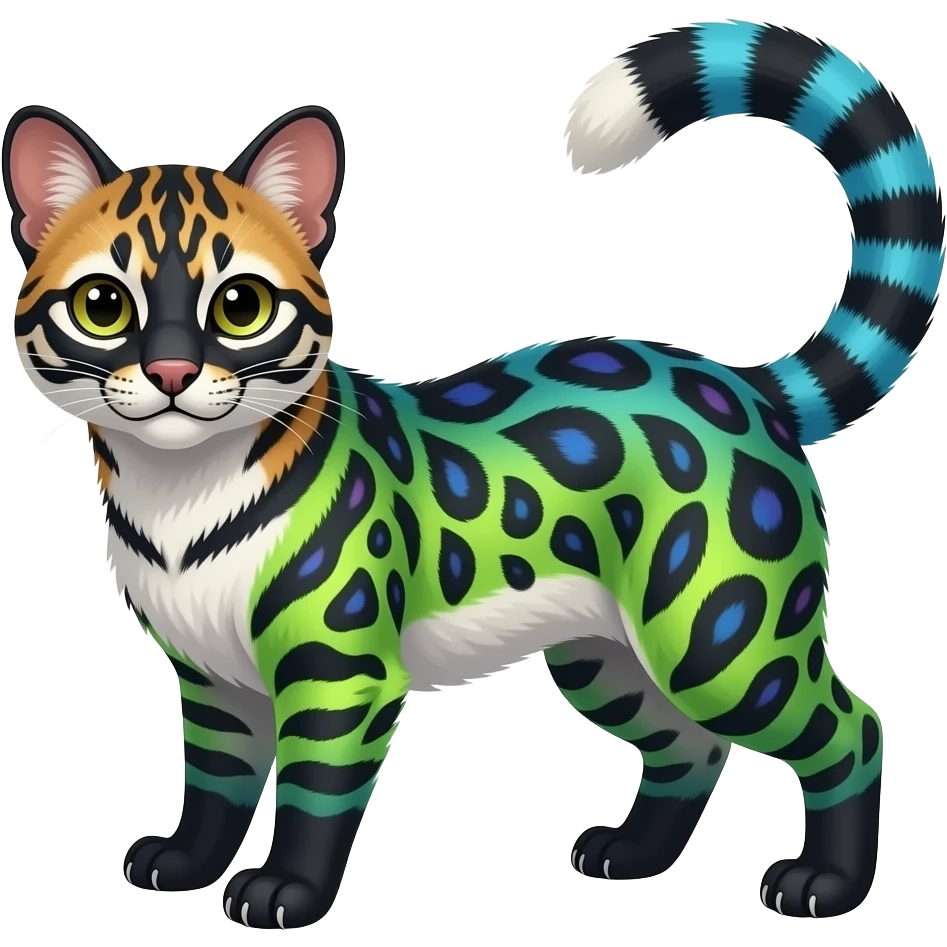 Colorful realistic tropical gradient-colored cobalt-blue-obsidian-black-neon-green-gradients, with white underside, iridescent glorious divine exotic cute cool beautiful shiny fantasy-civet-genet-Fionbri-Cacomistle-Furret-civet-oncilla-animal-hybrid-fursona with pattern markings (full body) emoji