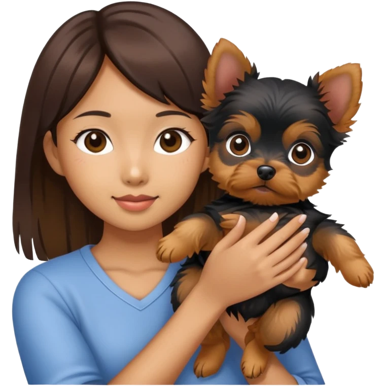 an asian girl holding a yorkie puppy emoji