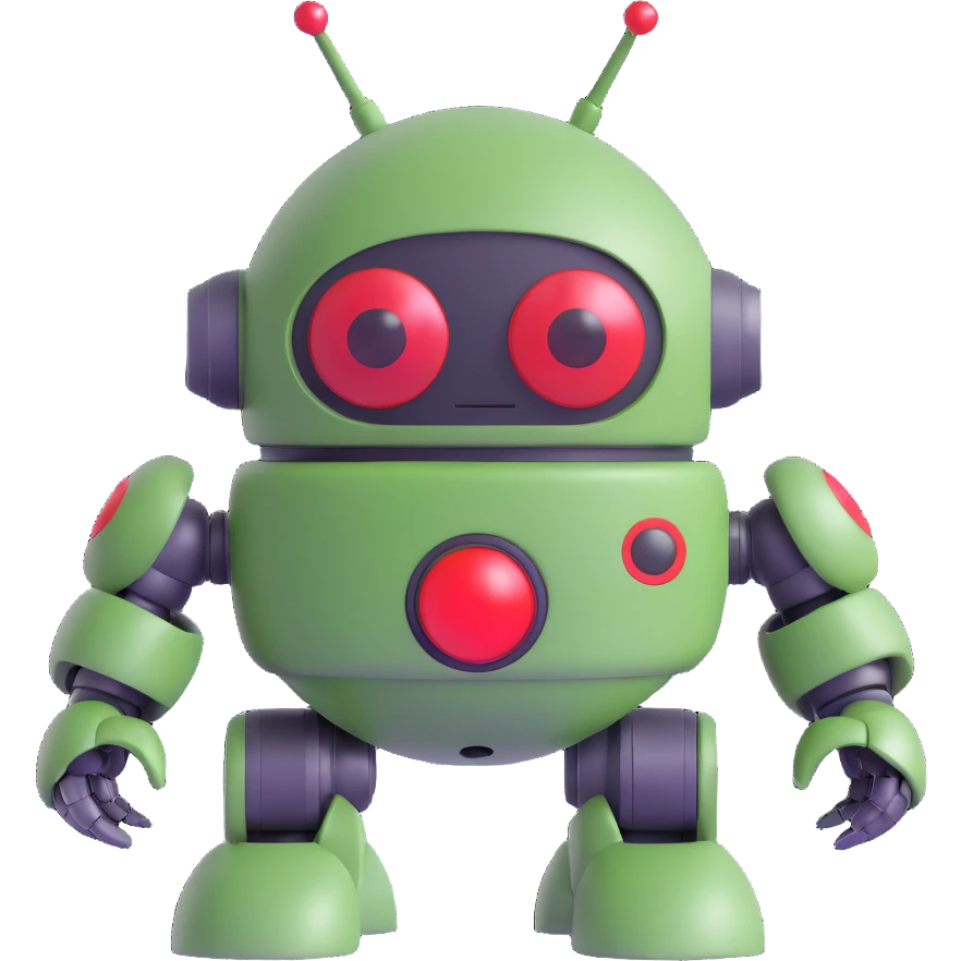 Zaku robot, 3D emoji style, green color, round shapes, single red eye, cute and simplified, no text emoji