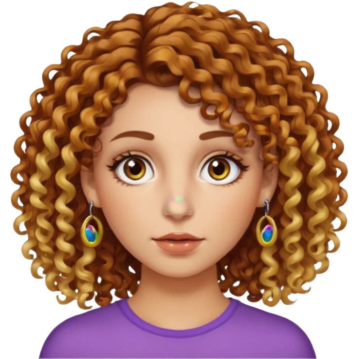 A woman with brown curly hair and blonde highlights side parted with hazel eyes with central heterochromia and a multicoloured nose ring emoji