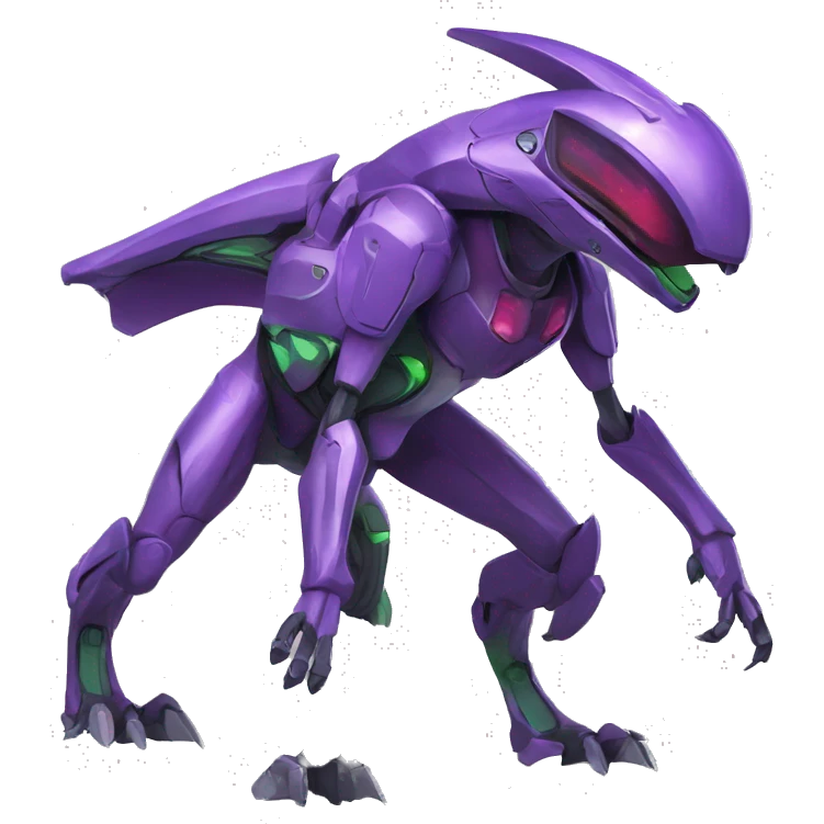 a purple-green Genesect-Raptor-Fakémon—hybrid with a futuristic visor-helmet full body emoji