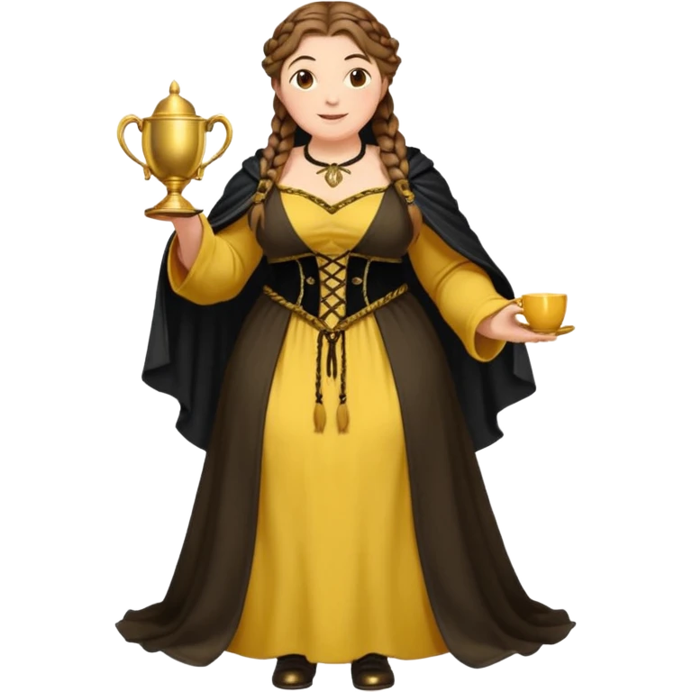 Helga Hufflepuff,brown-haired,2 braids,yellow-black medieval open dress,deep neckline,fat macromastia,black cloak decorated with gold braiding,gold cup with two handles,very kind smile,curvy busty sweet woman,round rosy cheeks,full length with medieval shoes emoji