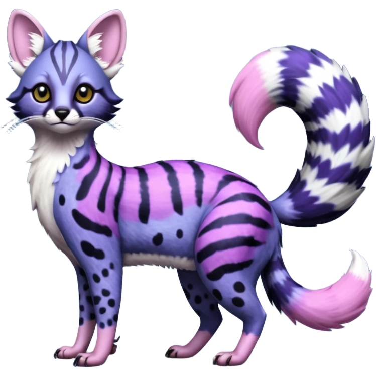 Beautiful fluffy elegant spotted dotted thick puffy hyper-realistic lifelike furry Indigo, purple, violet, pink, Civet-Genet-Possum-Serval-Caracal-Sergal-Trico-Numbat-Furret-fusion-Fakemon-hybrid-creature (full body) with long tufted ears and a striped tufted tail  emoji