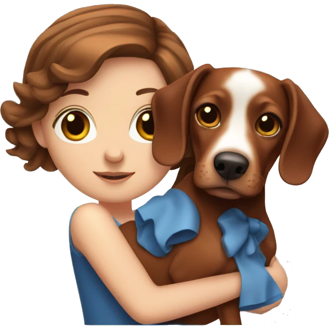 White girl with brown hair and blue eyes holding a red dachshund  emoji