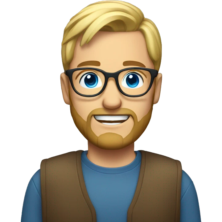 Man with blonde ponytail, round glasses, blue eyes and beard emoji
