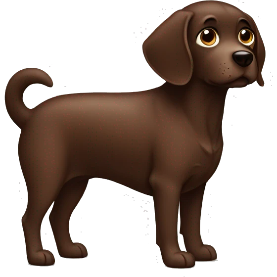 chocolate brown dog with short hair, with a doubtful face emoji