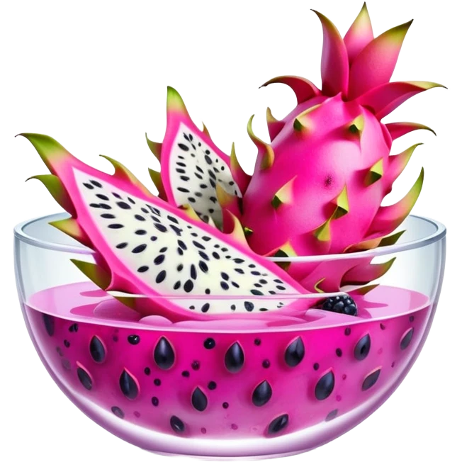 A clear glass bowl filled with bubbly light pink liquid, floating slices of dragon fruit and various berries   emoji