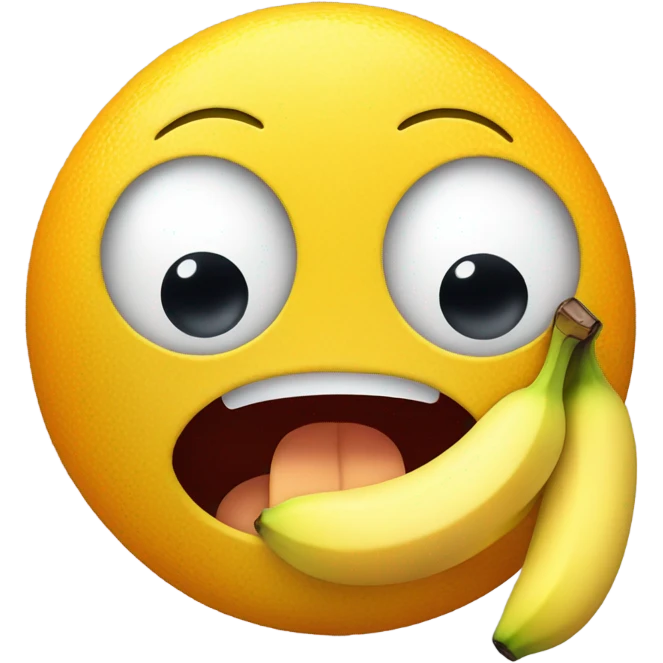 Emoji yellow face eating a banana with mouth and eyes open and two small oranges just under the banana emoji