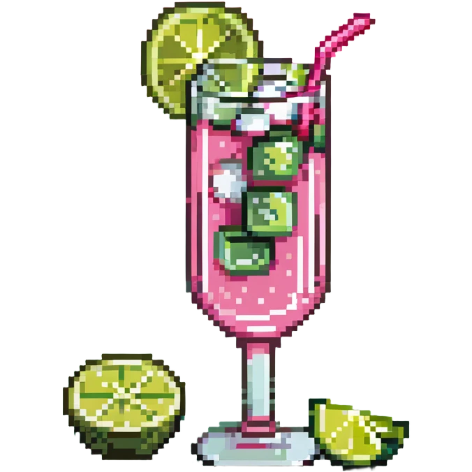 pink cocktail in tall glass with ice cubes and lime slice emoji