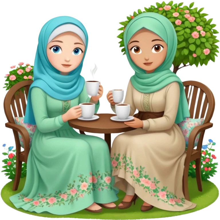 Turkish beautiful finish Konya girls blue eyes with Beautiful light green floral hijab long tail dress and the two friends in a lovely garden sits on the chair on the ground and holds cup coffe with her hand  emoji