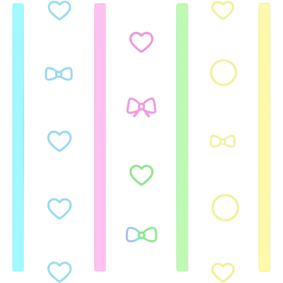 light blue , pink, green and yellow colored glowly straight, vertical, and horizontal lines, small outlined hearts, bows and circles of the same colour scattered messily far from each other emoji