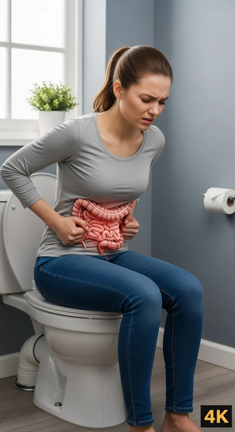 DONNA CON MAL DI PANCIA SEDUTA SUL WC MENTRE SI SFORZA, INTESTINO UMANO ANATOMICO IN EVIDENZA, IPERREALISTICA 4K emoji