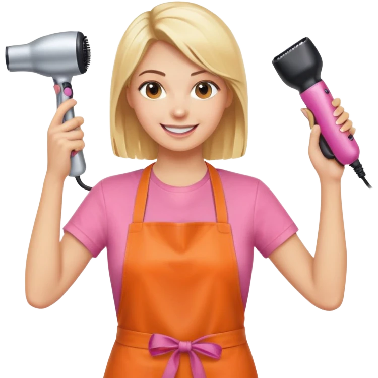 smiling blonde woman hairstylist wearing pink t-shirt and orange apron, hands raised, holding scissors and hairdryer clearly visible emoji