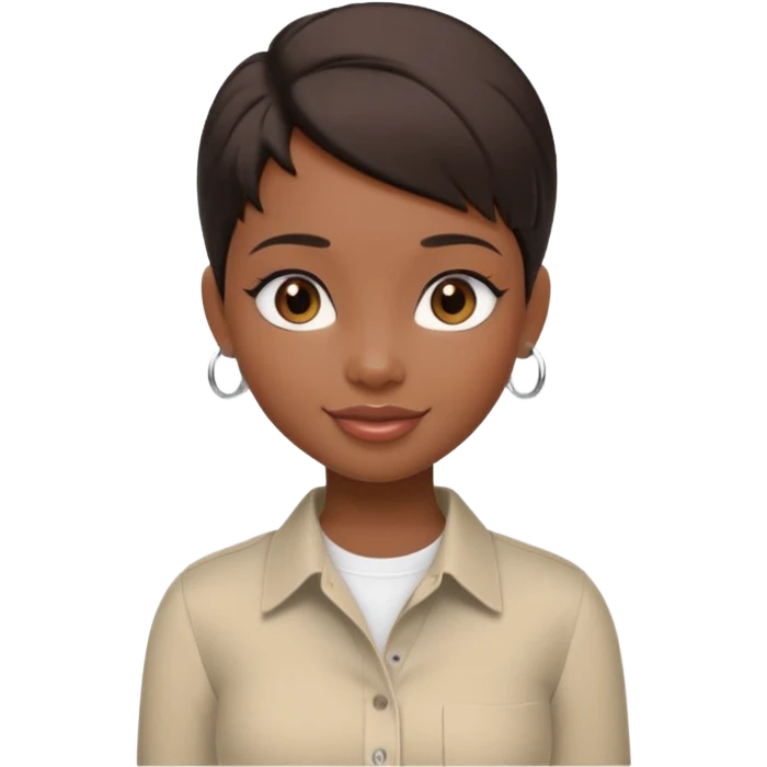 generate a pretty bratz girl with dark brown eyes. Dark brown hair straight short hair. tight beige button up shirt with top shirt open.  airpods in ear emoji