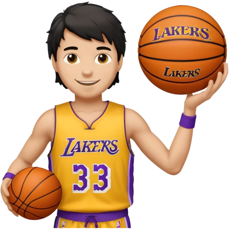 a light tan boy with messy a black mullet. wearing a lakers jersey and carrying a basketball emoji