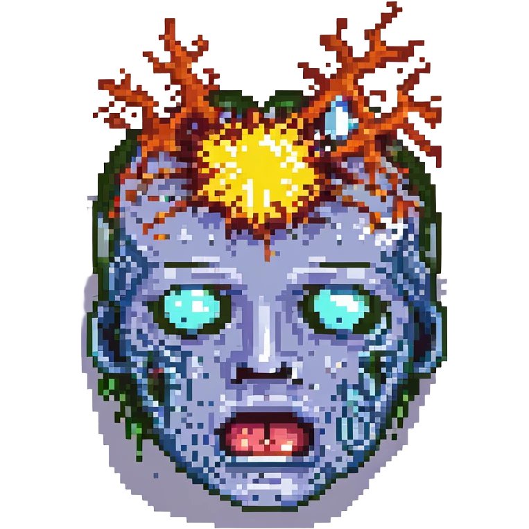 pixel art face with an exploding head, drooling, and melting emoji