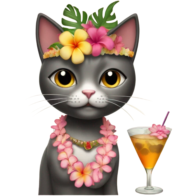 Cat with Hawaiian skirt drinking a martini with a flower crown and a shell bra emoji