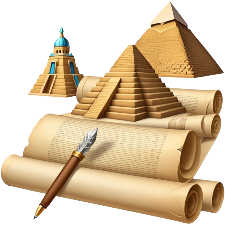 An icon showing a rolled parchment scroll, a quill pen, and ancient landmarks like pyramids and columns in the background. The design symbolizes the study of past civilizations, events, and heritage. Transparent background emphasizes the timeless exploration of human history. emoji