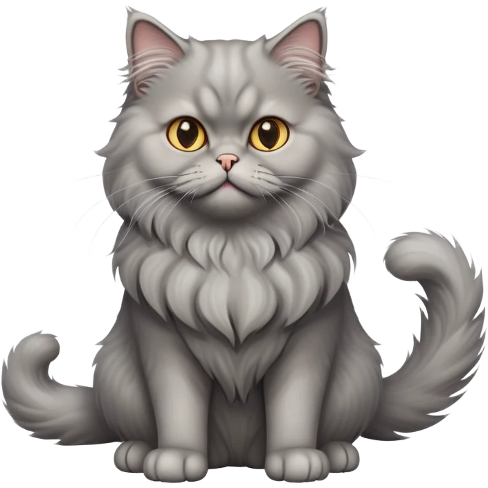 cinematic-[grey persian cat]-realistic-full-body-sitting-emoji,-tail-curled-playfully-around-its-paws,-head-tilted-dramatically,-fluffy-[grey cat]-fur,-simplified-yet-realistic-focused-features,-highly-detailed,-glowing-with-an-almost-sarcastic-glow emoji