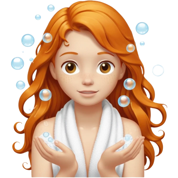 Ginger girl in towel shower washing long hair up in hands soapy bubbles emoji