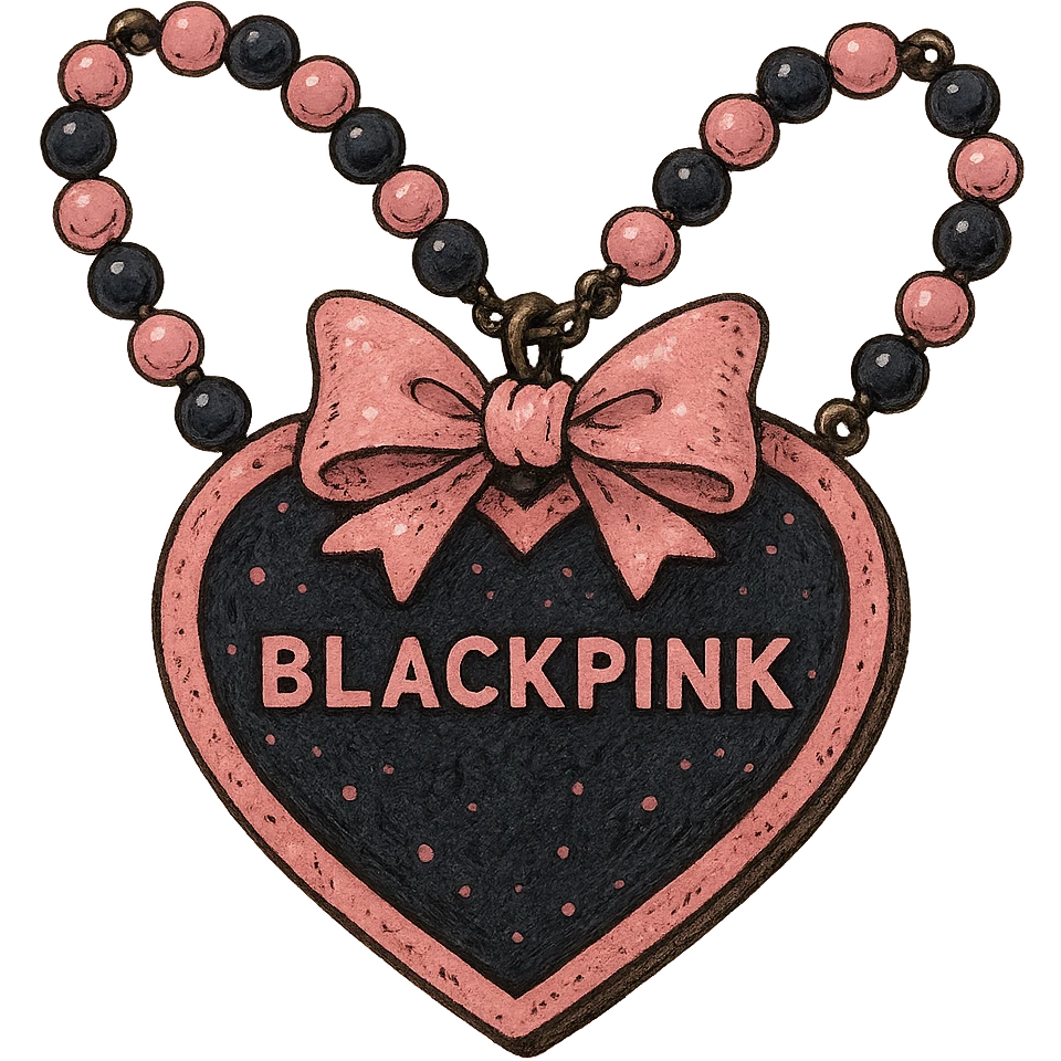 BLACKPINK-inspired wearable object, necklace or bracelet or pin, black and pink colors, whimsical and detailed, ghibli style emoji