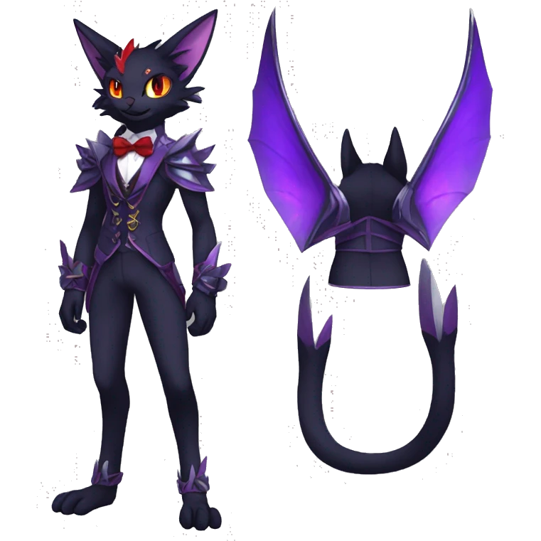 cool anthro black purple red ethereal fantasy nargacuga-Noivern-cat-Fakemon collar harness bow tie and bracers full body emoji