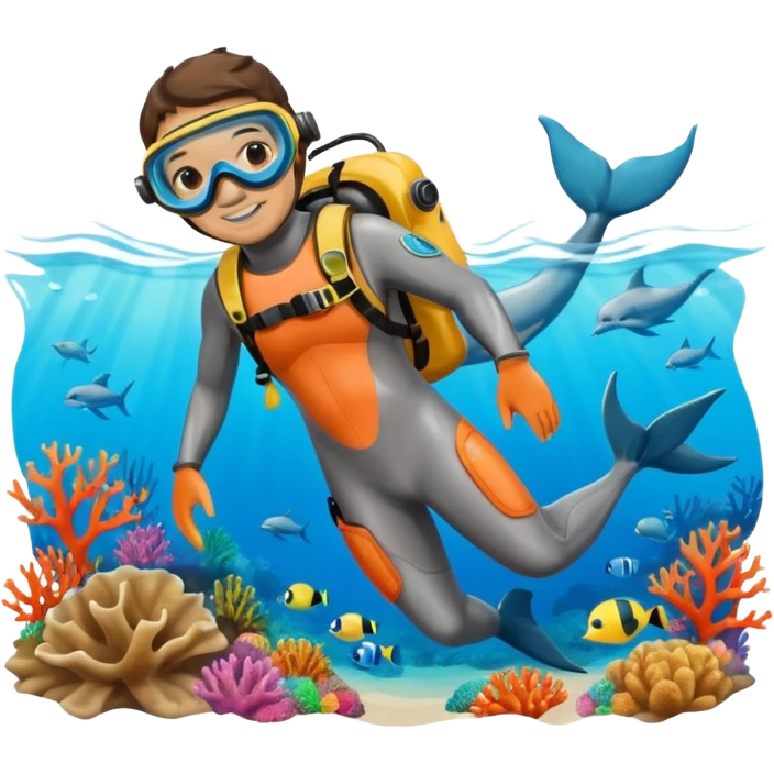 A brave dolphin diver in flippers and mask, exploring coral with a waterproof camera.

 emoji