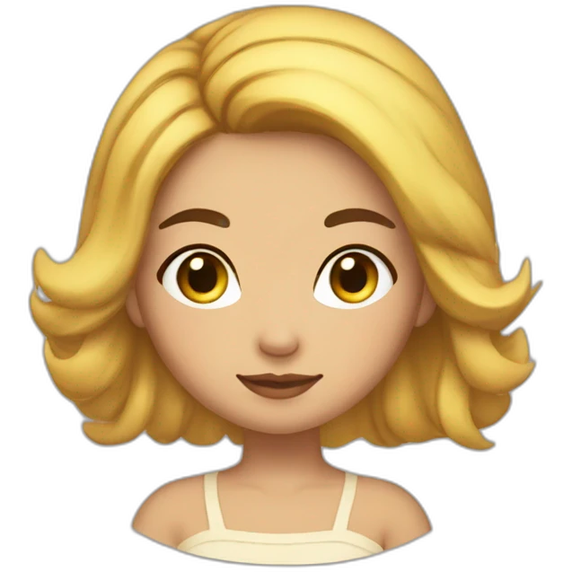 She is a girl with black and yellow streaks in her hair, with a round face, almond-shaped eyes, a lovely mouth, beautiful eyebrows, and slightly chubby cheeks. emoji