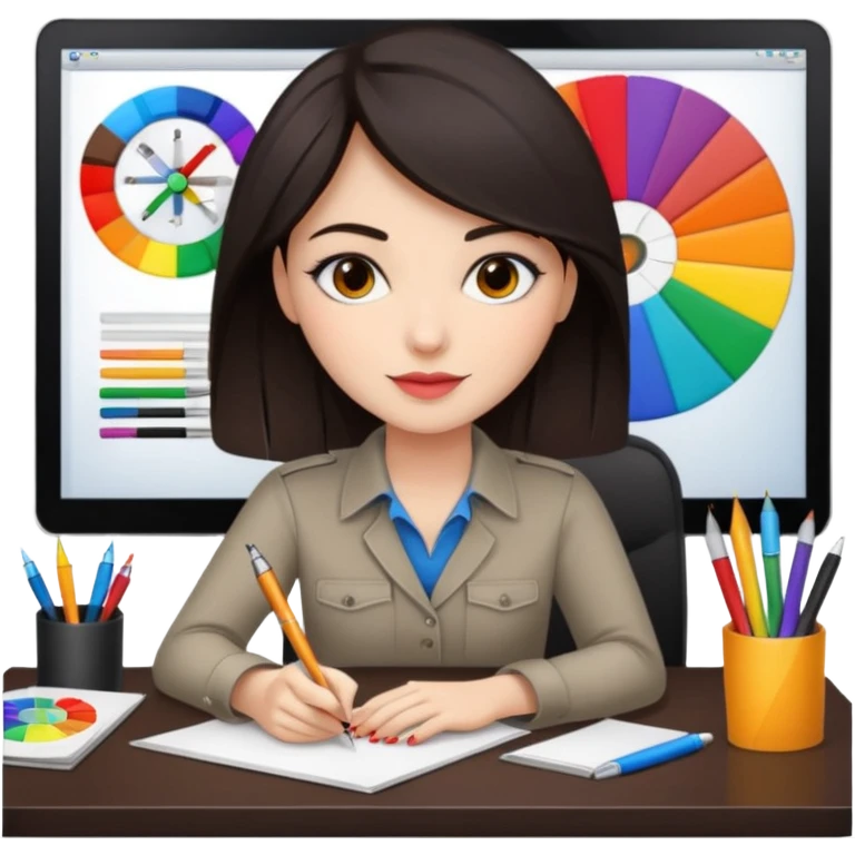 female dark hair graphic designer , color wheel, pens, papers , desktop emoji