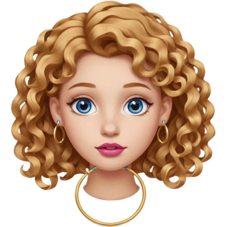 girl with light brown honey wavy hair (subtle side part and 2b curls). blue eyes. one golden nostril piercing (hoop). 6 golden hoop earrings. one golden hoop helix piercing. pink big lips.  emoji
