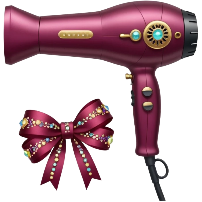 burgundy blow dryer with a ribbon covered in gems emoji