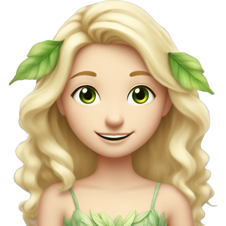 Blonde fairy girl, wearing beautiful leaf dress, very light and whimsical colours, smiling gently with green eyes and soft caucasian skin and pink lips, smiling emoji