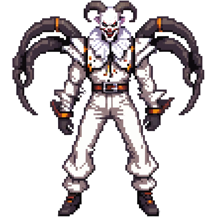 full-body muscular demonic clown in a black and white leisure suit with bellbottom pants, bald, with black ram horns, flashy black and white belt, ruffled white shirt, no neck tie, large fangs, holding a very large futuristic rifle emoji