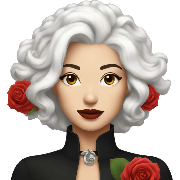 Woman with luxurious white hair with a black choker with a rose on her neck emoji