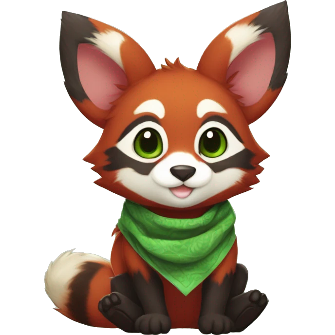 Cute, Chibi, Kemono-style, Anthro, Fur-Sona, Dark-Red, RedPanda-Mouse-hybrid-Fakémon, with a green bandana, full body emoji