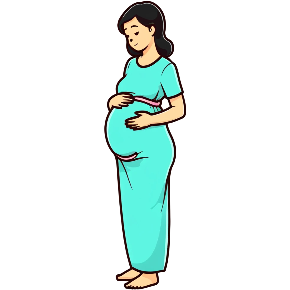 woman with small baby bump, just showing pregnancy emoji