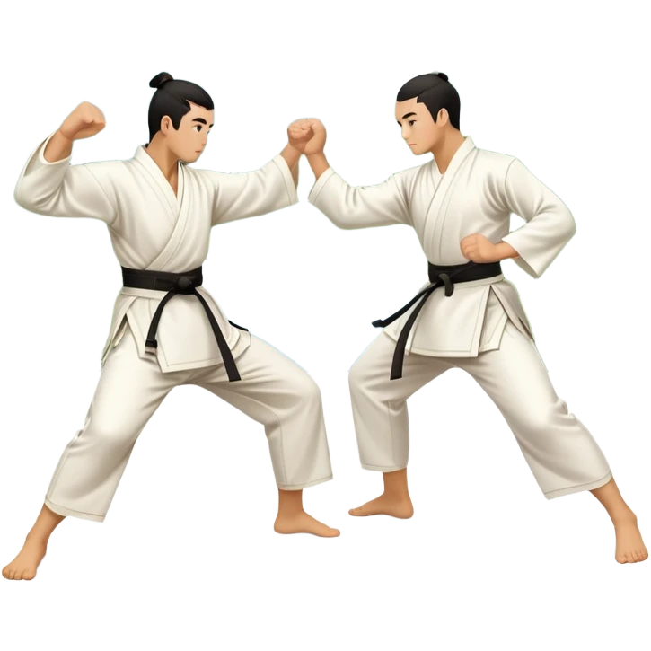 Two martial artists in traditional Wushu attire, performing elegant, fluid moves. One executes a high spinning kick while the other strikes with a precise fist. The background shows a peaceful, scenic landscape with mountains and bamboo trees, symbolizing the balance of power and grace in Wushu.  emoji