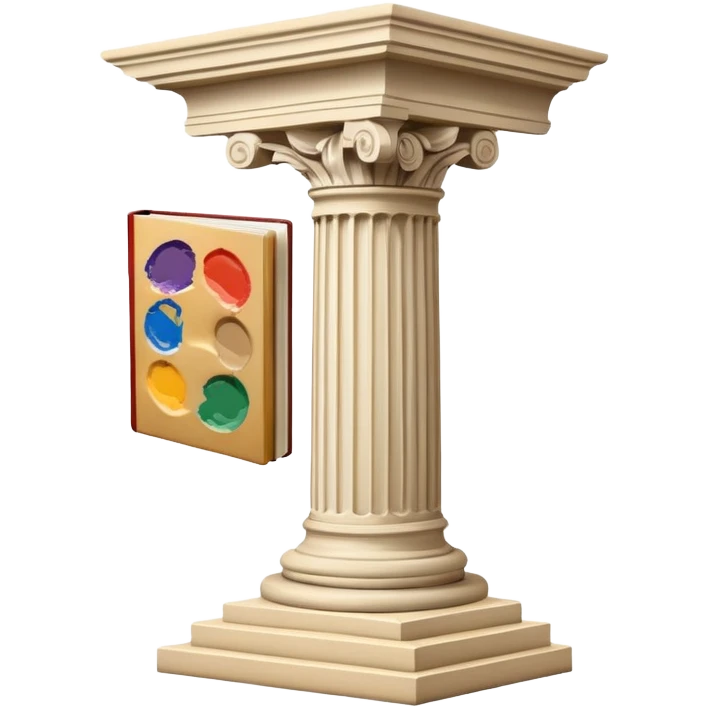 An icon featuring a paint palette, a sculpture, and a book, symbolizing the study of culture and art. The design includes a classical column and a canvas, representing art history and cultural exploration. Transparent background highlights the connection between creativity and history. emoji