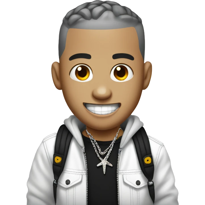 white skinned, rapper with chain,evil laugh, mouth extremely  opend, buzz cut dark color hair. emoji