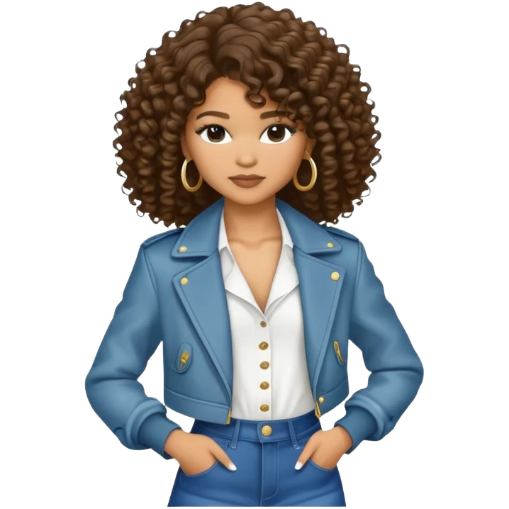 Zendaya with curly hair and stylish outfit emoji