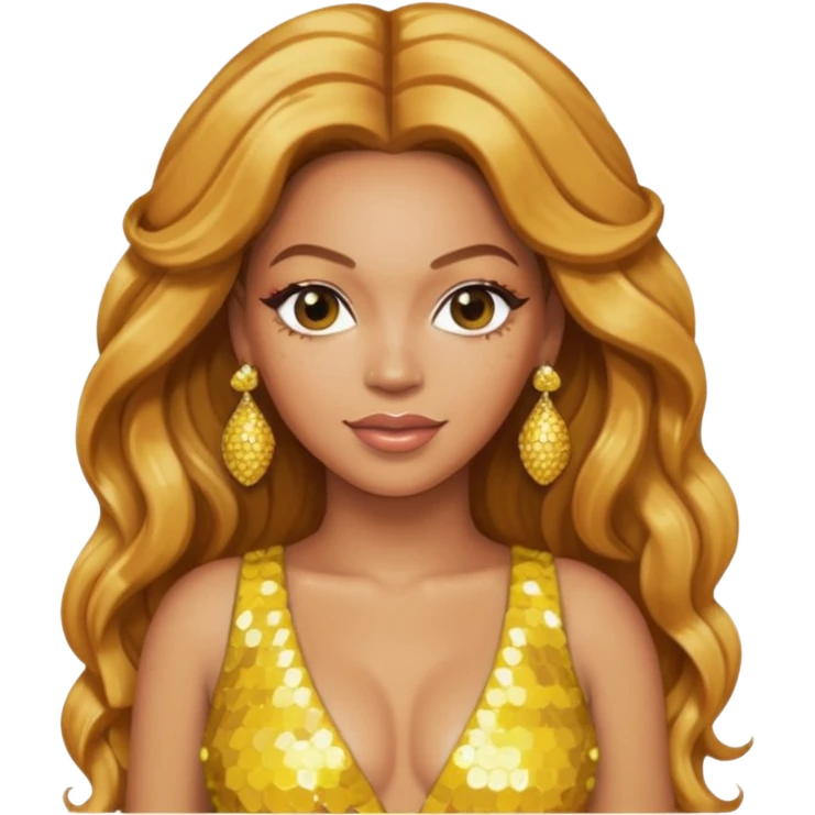 Beyonce with long strawberry blonde hair, yellow sequin outfit and earrings  emoji