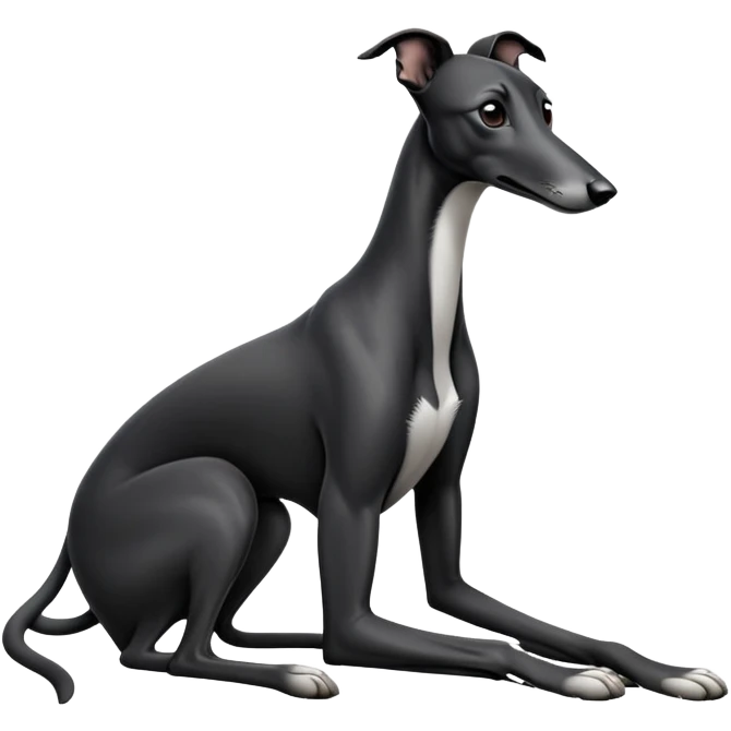 cinematic-[black greyhound]-realistic-full-body-sitting-emoji,-tail-resting-loosely-beside-its-paws,-head-tilted-dramatically, ears drooped, -sleek-[black]-fur,-simplified-yet-realistic-focused-features,-highly-detailed,-glowing-with-an-almost-sarcastic-glow emoji