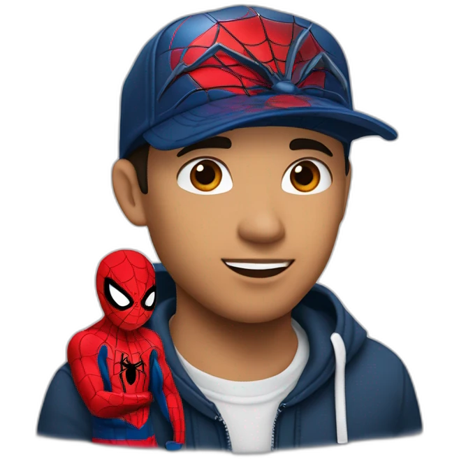 chico blanco con una rera de spiderman un tatuaje en el cuello que diga amor en chino que tenga una gorra negra con un logo de la redbull y con un arito en la ceja emoji
